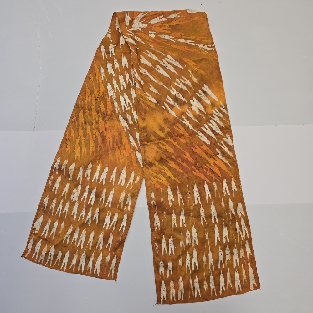 Vintage Artisan Hand Dyed Batik Silk Scarf Rust Orange Abstract Geometric Print